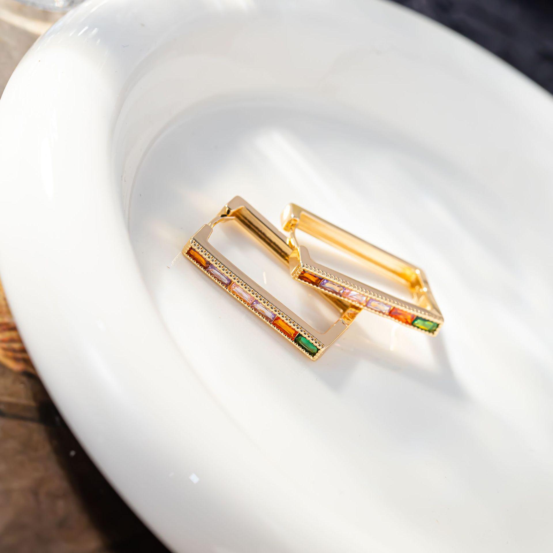 European & American Mixed Color Zircon Rectangle Earrings - Light Luxury Indifferent Style for Women