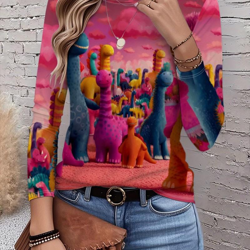 Womens Round Neck 3D Dinosaur Print Tee - Casual Fit 7/8 Sleeve 2025