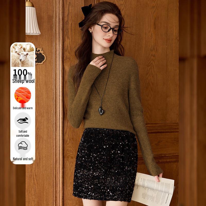 Bailuyu Women's 100% Merino Wool Stand-Up Collar Knit Sweater