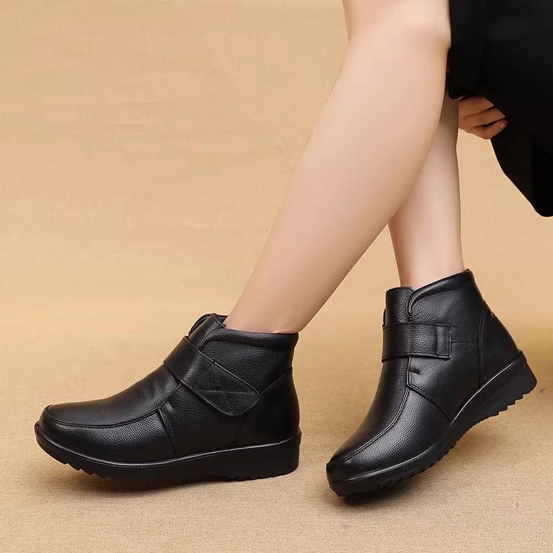 Winter Women Genuine Leather Flat Casual Ankle Boots Female Thick Plush Warm Snow Boots Mother Waterproof Non-slip Booties