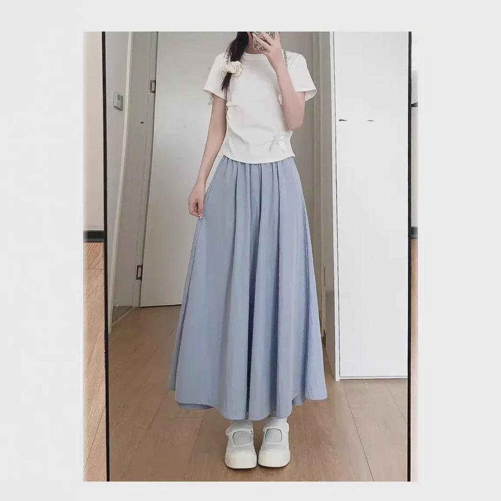 2025 Summer Women's Blue A-Line Pleated Midi Skort with High Waist and Wide-Leg Design
