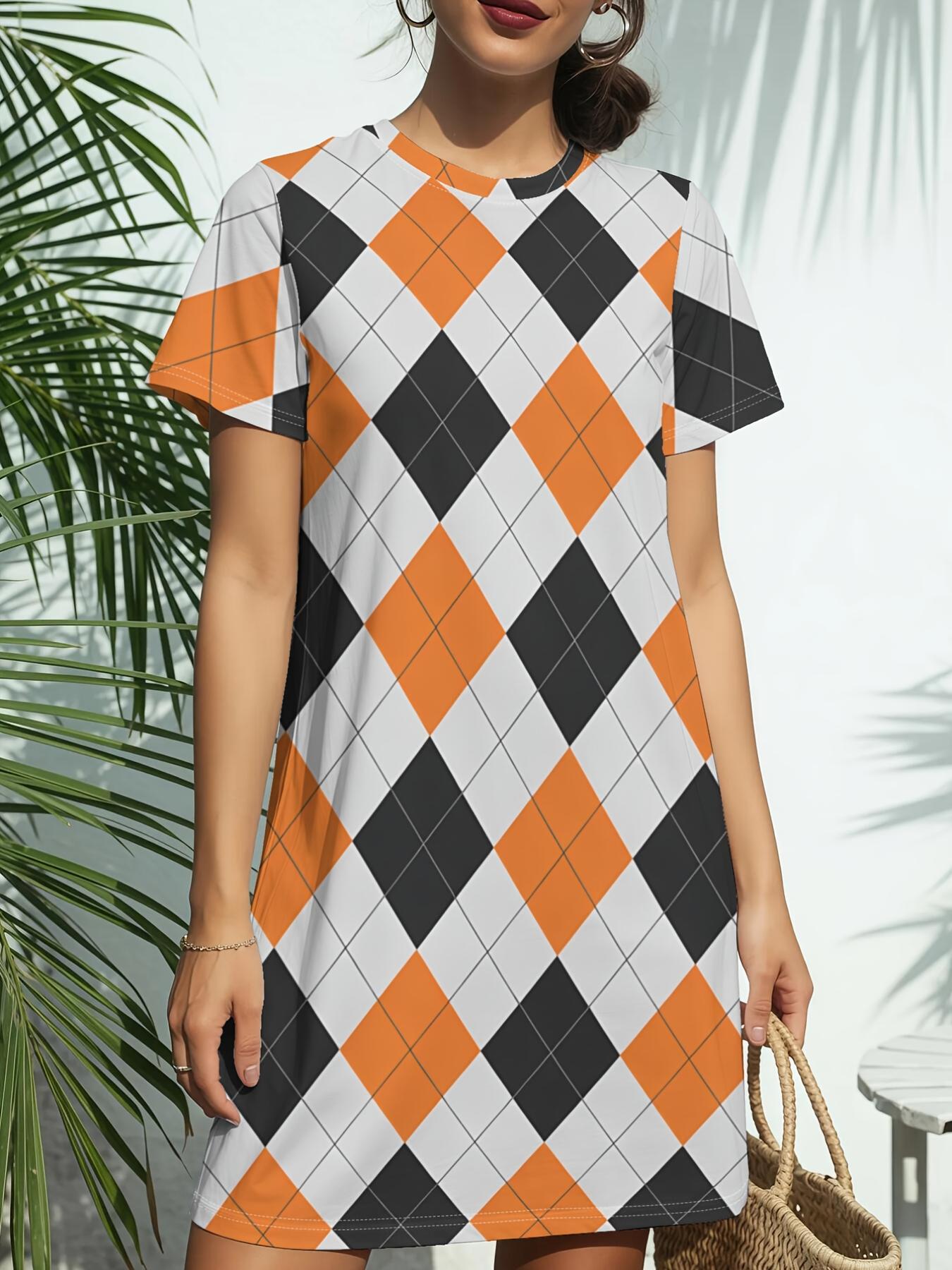 

Women s Harlequin Argyle T-Shirt Dress - Short Sleeve Round Neck Casual Dress with Argyle Print. Short Length Regular Fit Dress Suitable for Daily Wea 5XL дубильна кора