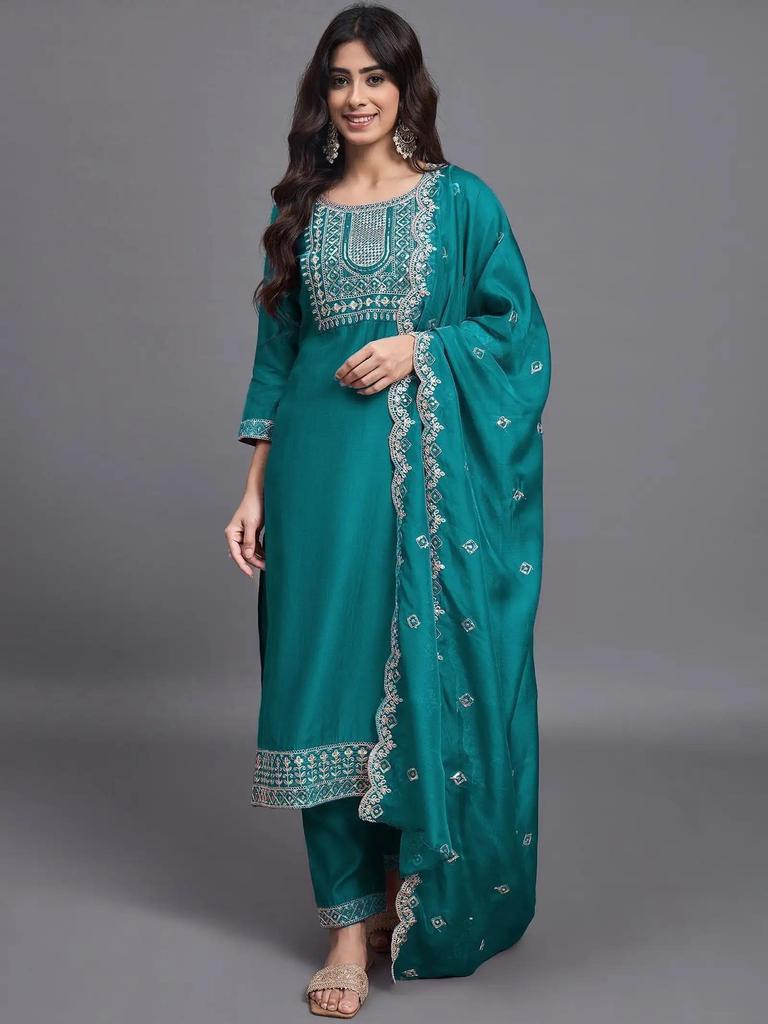 Women Embroidered Rayon Kurta Pant Dupatta Set Indian Bollywood Top Tunic Salwar Suit