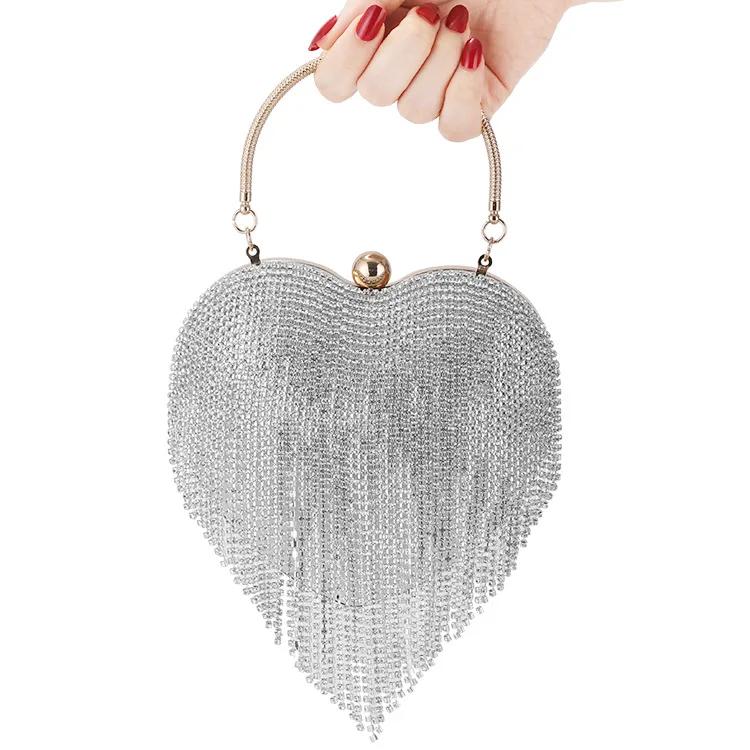 

Rhinestone Evening Bag Heart Pattern Gold Handbag Womens Diamond Tassel Banquet Clutch and Purse Wedding Bridal Prom Wallets