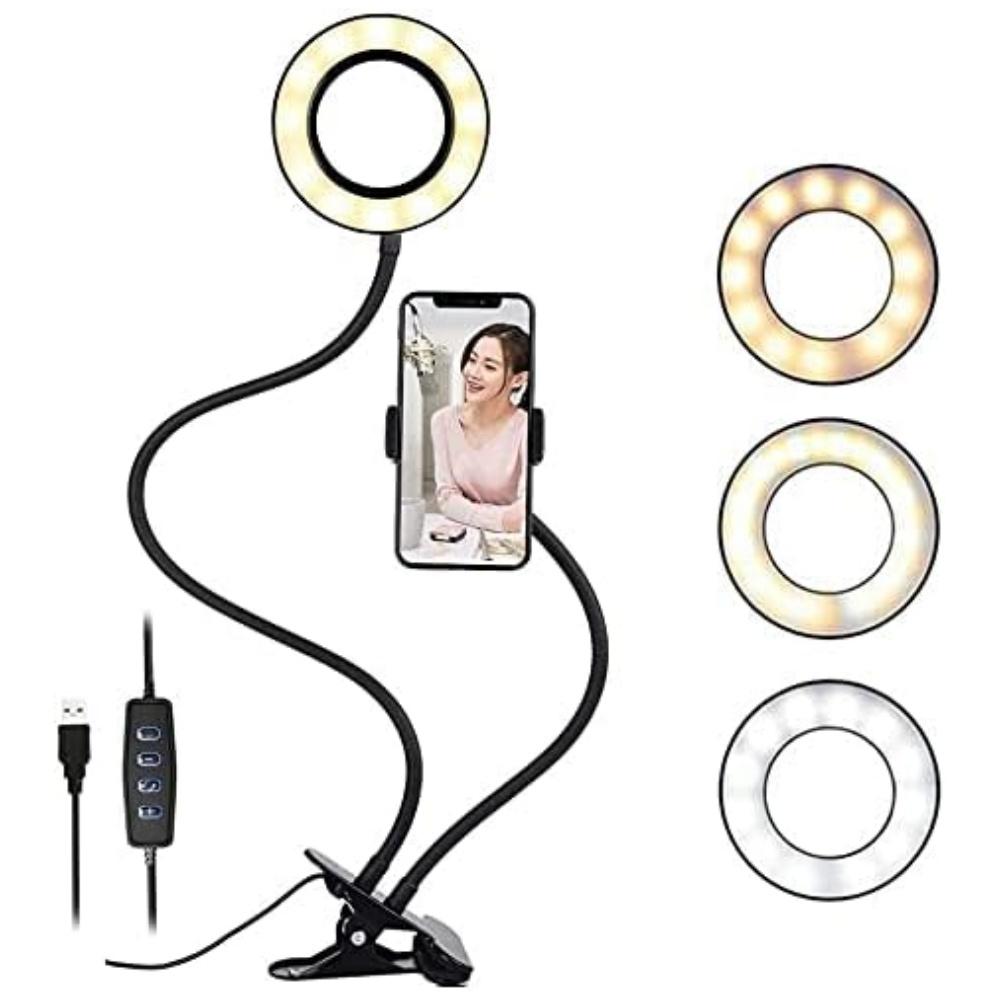 

Двойная кольцевая лампа для селфи с гибким держателем для мобильного телефона, диммируемая светодиодная кольцевая лампа для прямых трансляций, видеоконференций, макияжа