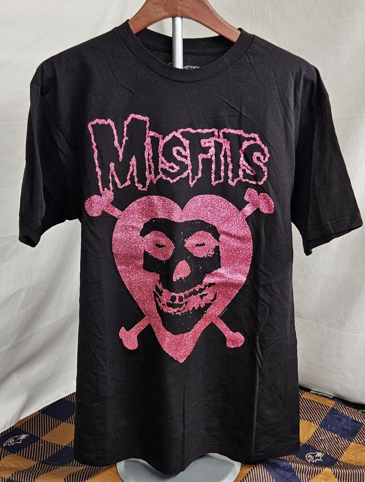 Misfits Fiend Skull Heart Pink Glitter Size Medium Black Unisex T-Shirt XXXL