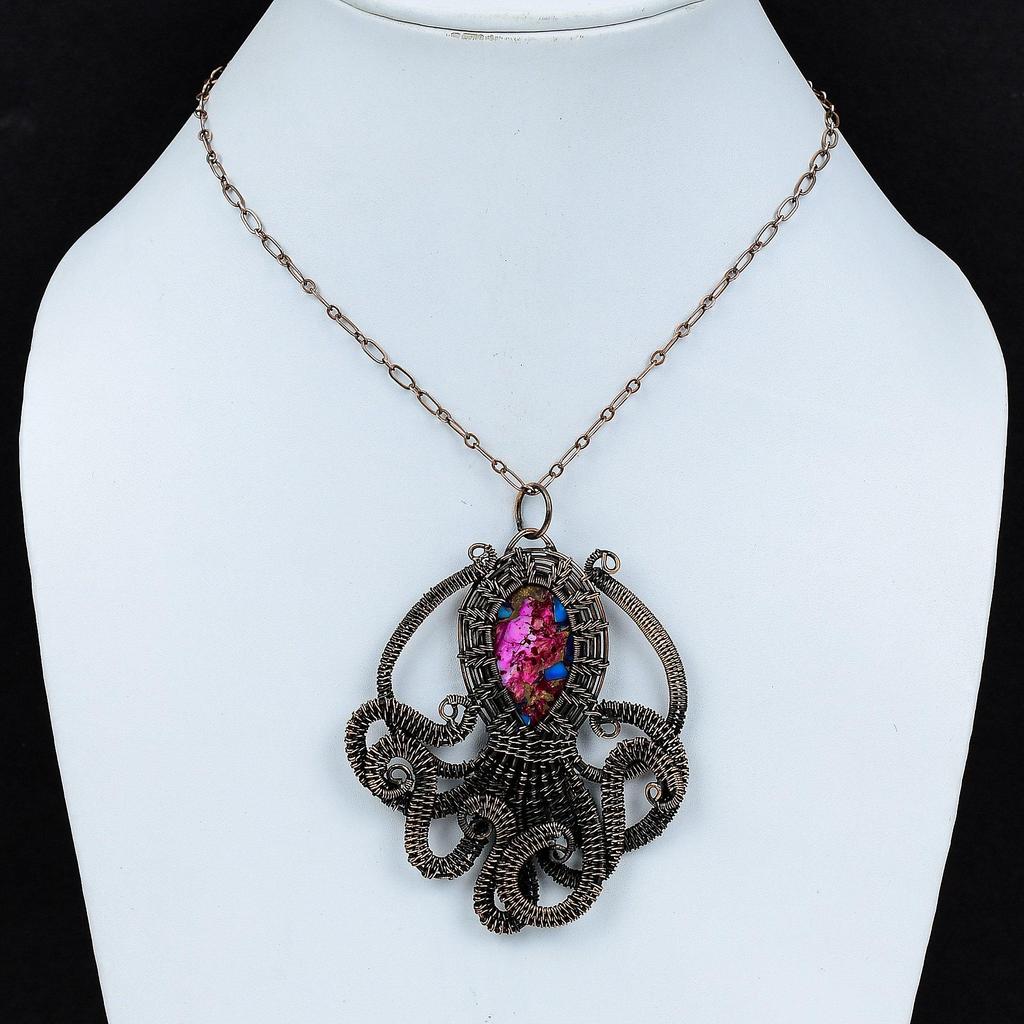 Natural Kingman Pink Dahlia Turquoise Pendant Copper Wire Wrapped Pendant Gemstone Jewelry Handmade Octopus Pendant Copper Jewelry For Gift