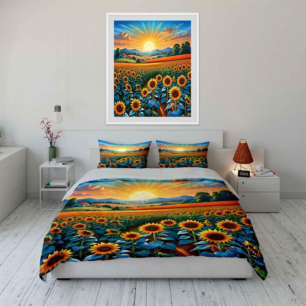 Sunflowers and Sunrise Landscape Bedding Duvet Cover Set (1*Duvet Cover 2*Pillowcases, without duvet insert)