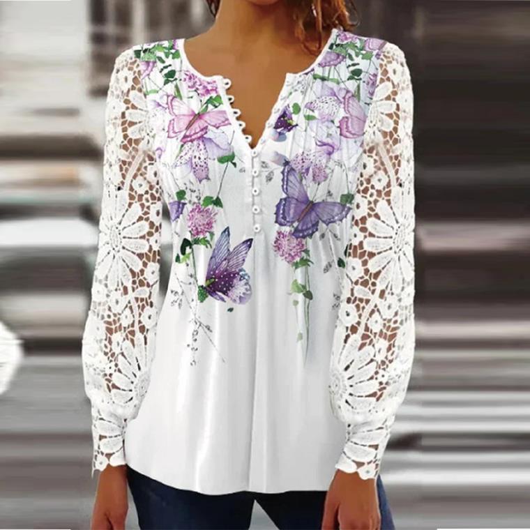 2023 Spring Women's Lace Long Sleeve T-shirt - European and American Fashion