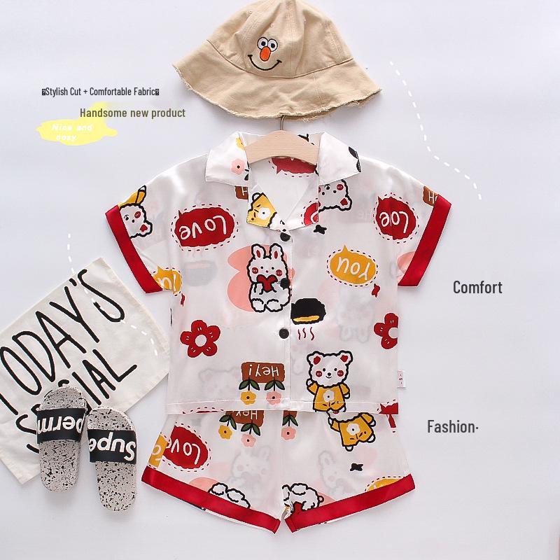 BB58 Mufurui Summer Kids' Silk Bear Cartoon Pajama Short Sleeve Two-Piece Set
