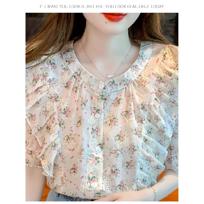 Ruffled floral chiffon blouse for women, summer 2026, sweet and elegant short-sleeved casual top