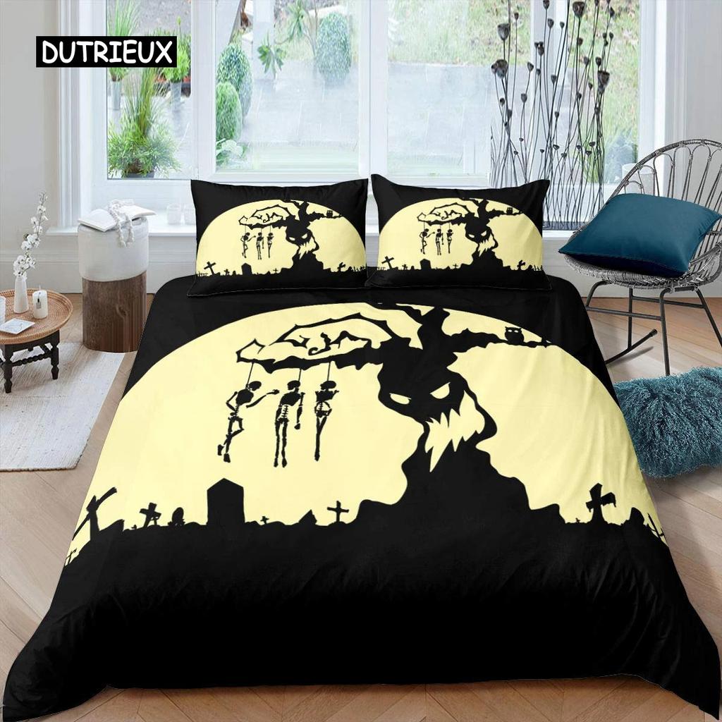 Pościel Królowa Król Motyw Horroru Poszewka na Kołdrę Gotycka Upiorna Poliester Poszewka na Kołdrę Gałęzie Szara Poszewka na Kołdrę Drzewo Halloweenowe