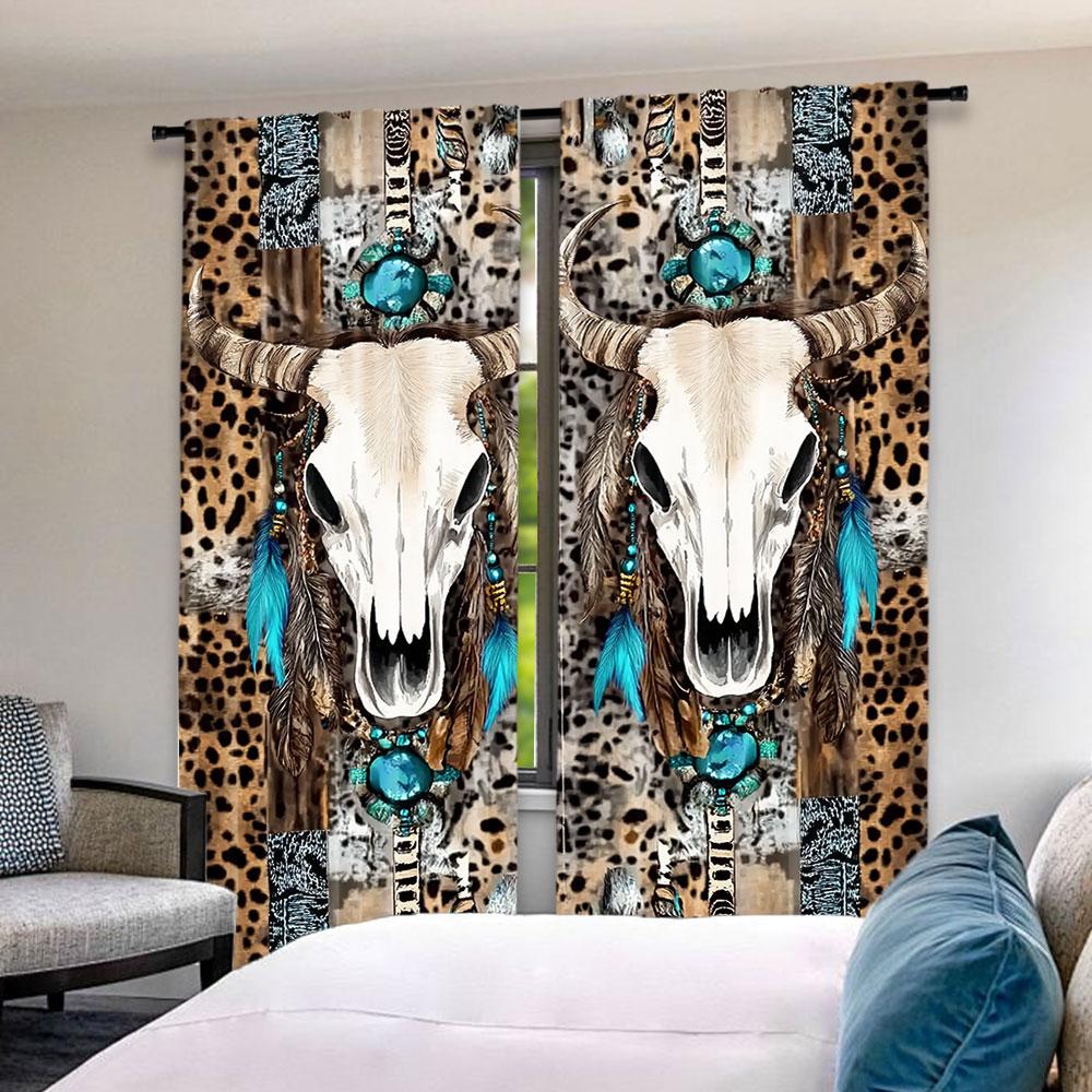 2Pcs Bohemian Chic Gemstone Cow Skull Leopard Printed Curtains Vintage Medieval Inspired For Bedroom Kitchen Dining Room Living