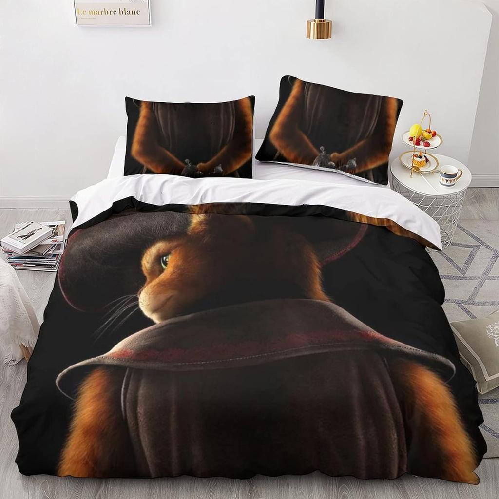 Cartoon Der gestiefelte Kater Bettwäscheset Bettbezug Kissenbezug Bettwäsche Set Erwachsene Jungen Mädchen Schlafzimmer Dekoration Einzel Doppelgröße