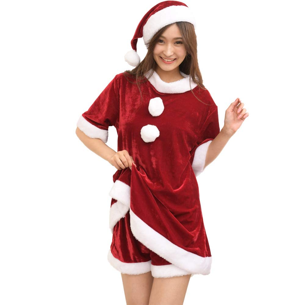 Trendy Mall Women's Santa Cosplay Dress, Shorts, and Hat, 3-Piece Set, Cute, Sexy, Popular Costume for Parties (Size 7L)