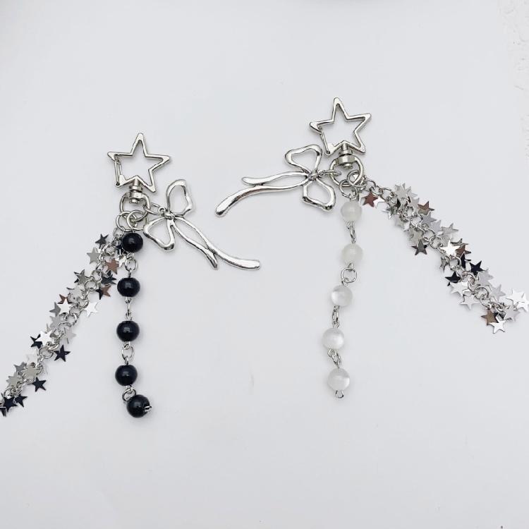 Unique Star Tassels Bowknot Keychain Fashionable Key Holder Phone Chain Beaded Keyring Ornament for Women and Teens