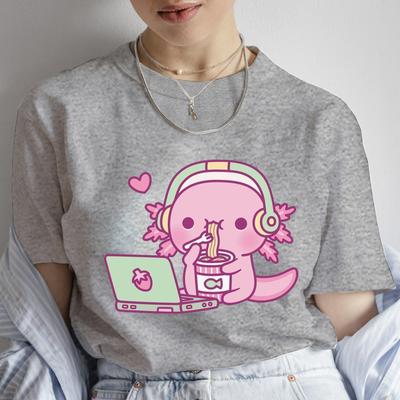 Women's Clothing Cartoon Cute Axolotl Loves Instant Noodles Anime T Shirts Casual Fashion TShirts Summer Vintage Women T-Shirts