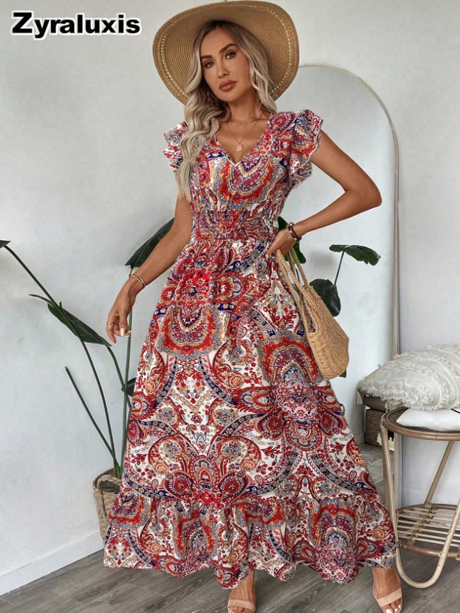 New Summer Printed V-Neck Ruffled Long Dress for Women - S