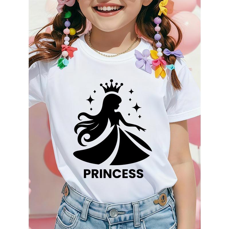Girls Crewneck Short Sleeve Tee, Crown Princess Silhouette Print