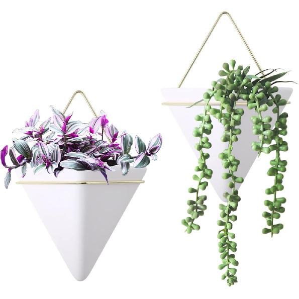 2-Pack Hanging Wall Planter White Ceramic Geometric Décor Vase for Succulent Cactus Fake Plants Flower Holder Wall Decor 5.9 Inch