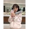Pink Korean College Style Fur Collar Women's Baseball Jacket with Butterfly Knot Hood and Woolen Design - Autumn/Winter