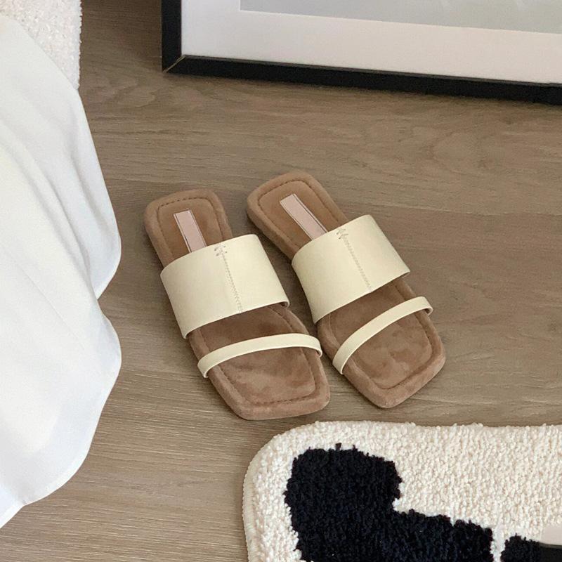 

Овчина~ Ретро шлепанцы с квадратным носком на плоской подошве с открытым носком, женские летние кожаные универсальные пляжные прохладные шлепанцы 40