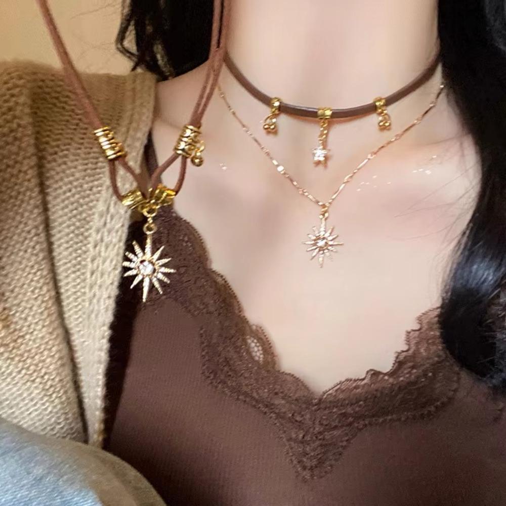 

Bohemia Sun Star Zircon Necklace Adjustable Star Pendant Vintage Leather Necklace B
