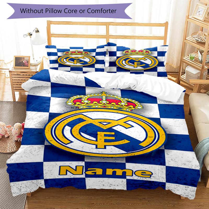 3pcs Custom Name Real Madrid Bedding Set Duvet Cover Closure Includes 1 Duvet Cover & 2 Pillowcases, Soft and Comfortable for All Seasons.