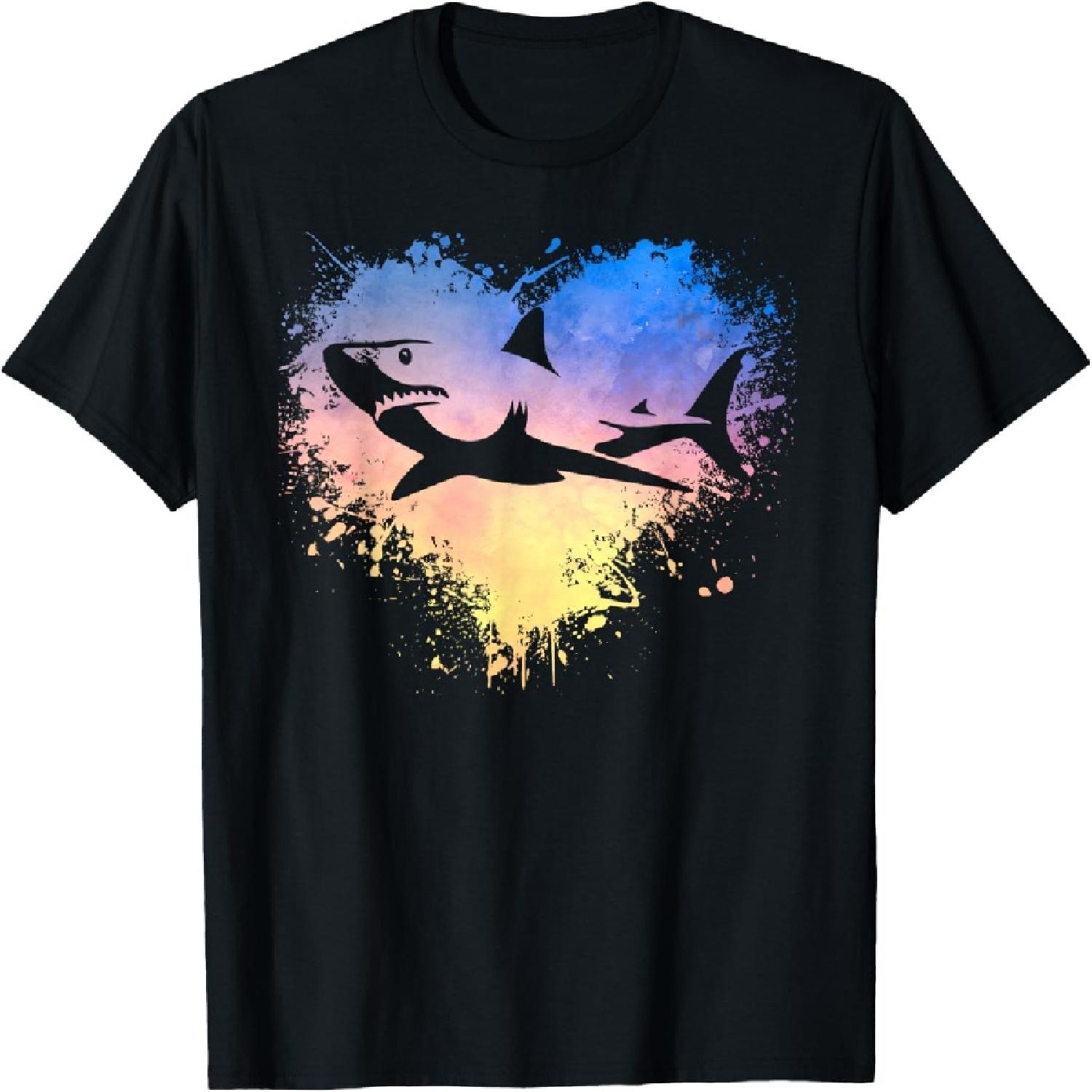 Great White Shark Vintage Sunset Colors Heart Art Graphic T-Shirt S