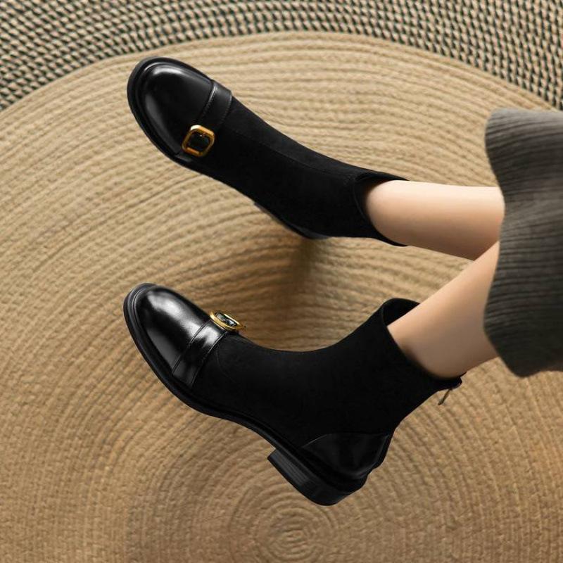 Korean version of the new rubber-soled Martin boots elastic suede solid color square heel round head autumn and winter large size zipper medium boots