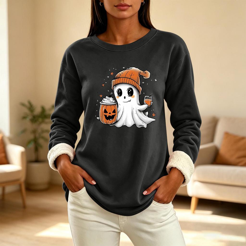Women's -Lined Long Sleeve Crewneck T-Shirt with Halloween Print for Winter Casual Wear