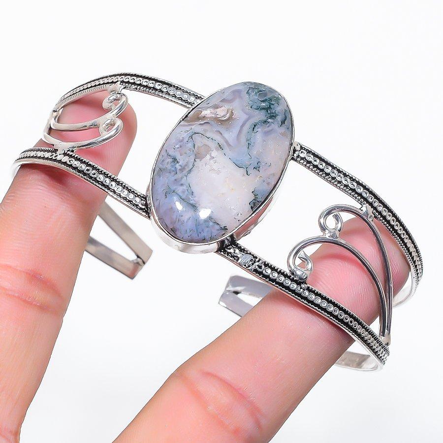 Natural Indian Moss Agate Gemstone 925 Sterling Silver Cuff Bangle Adj q1H85
