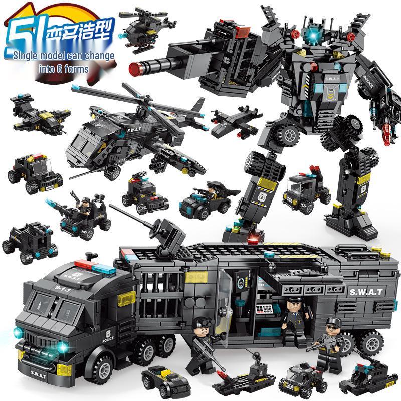 Lele Brothers Black Eagle Police Mech Vehicle, 51-in-1, Compatible with Lego Building Blocks, Assembly Toy for Boys