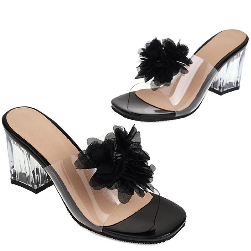 Clear Heels Women's Slippers Sweet Bowtied Summer Shoes PVC Transparent Sandals Women Yellow White Party Shoes Large Size 48