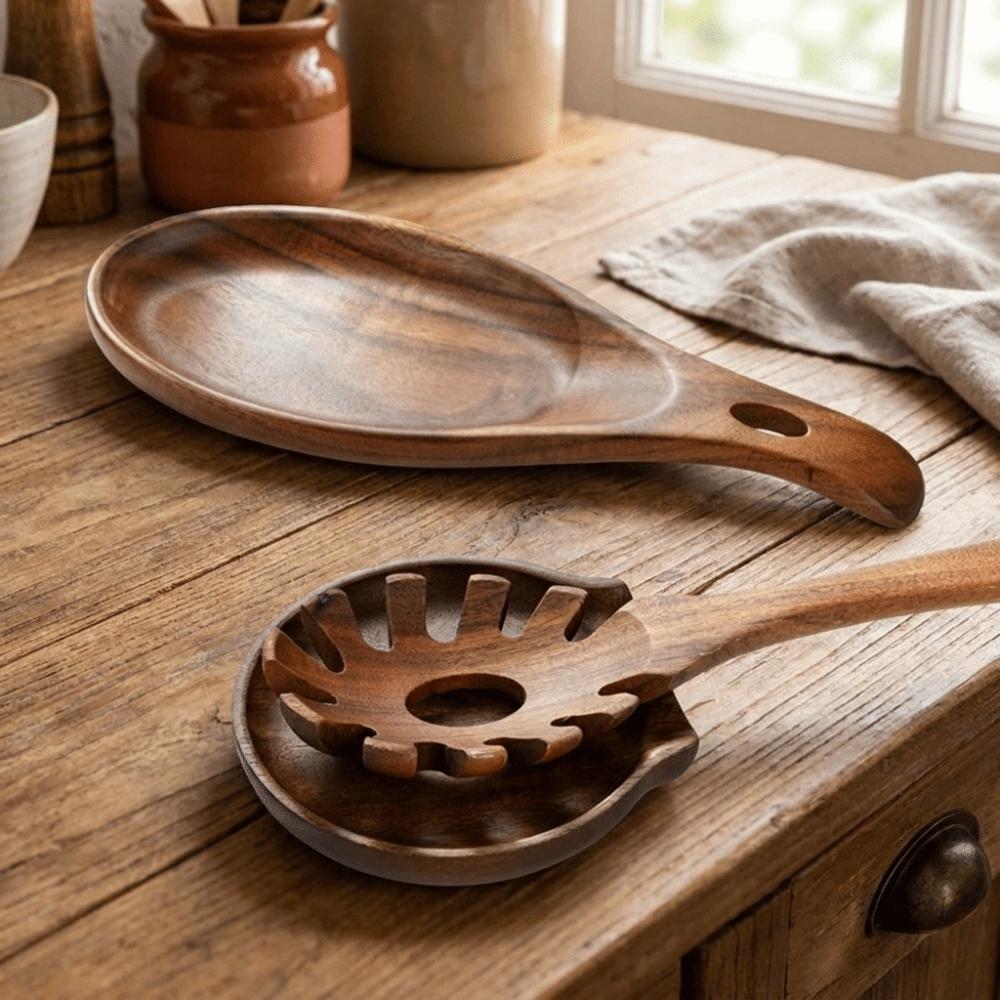 Rustic Ladle Rack Natural Rice Spoon Storage Rack Organizer Tray Spoon Rest Dining Table