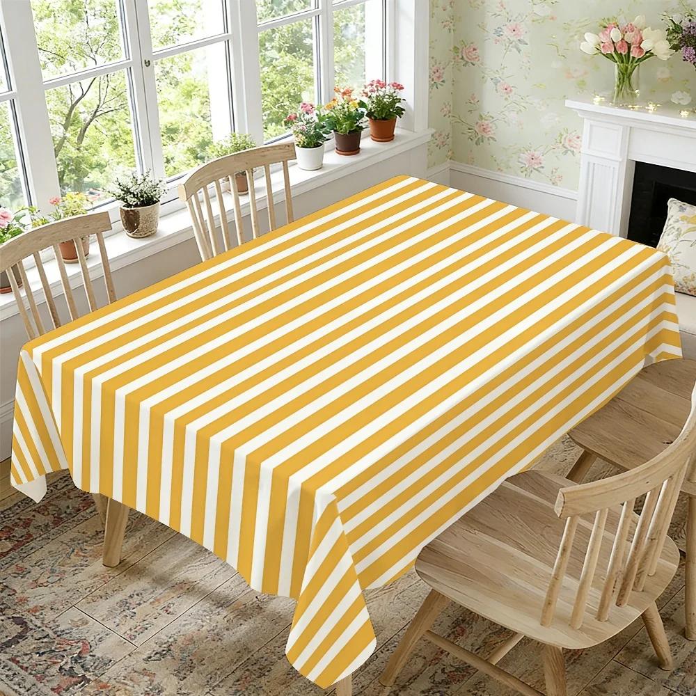 One-piece 2D flat-printed yellow and white striped pattern tablecloth, suitable for home dining table, yzb