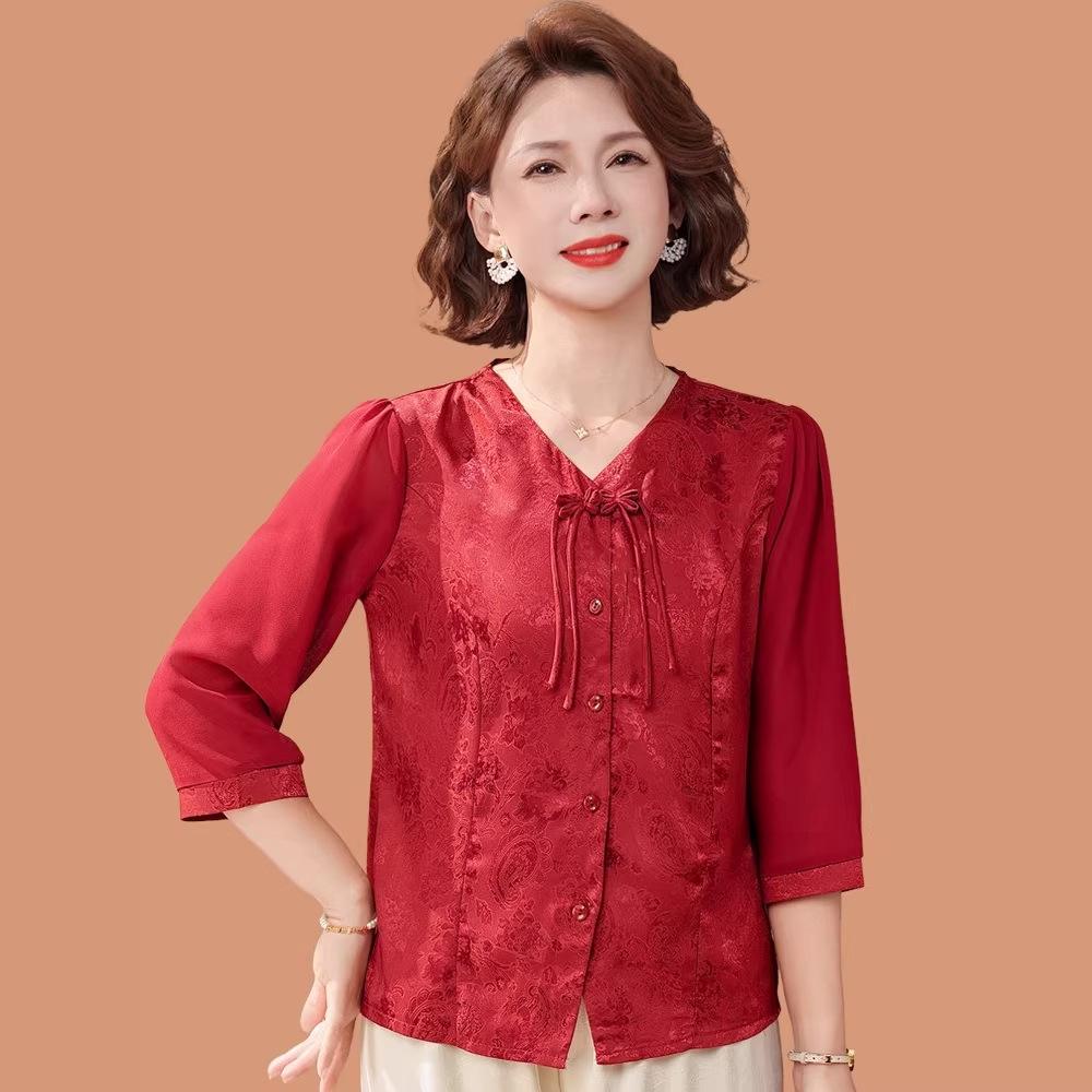 Mom's Spring 2026 Chiffon Blouse - New Chinese Style Fashion for Middle-Aged and Elderly Women