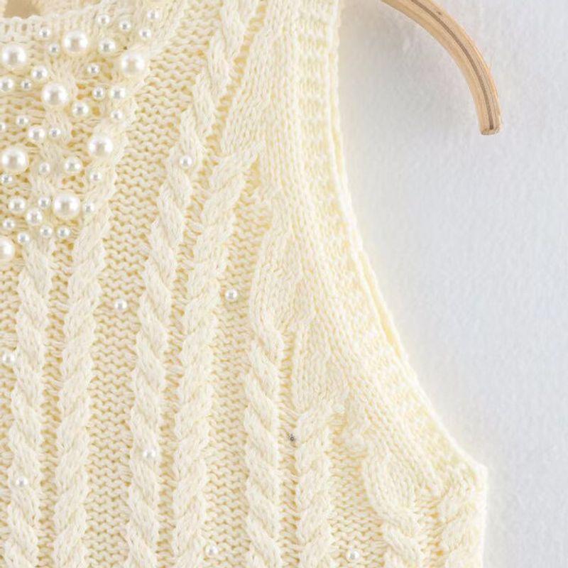 Kaslead New Women Clothes Western Style Artificial Pearl Inlaid Round Neck Loose Knit Top 2142194