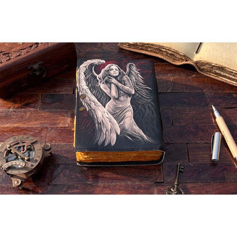 Angel Leather Journal - Handmade Leather Notebook • Grimoire Journal • Blank Book • Vintage Deckle Edges Paper • Special Gifts for Girls.
