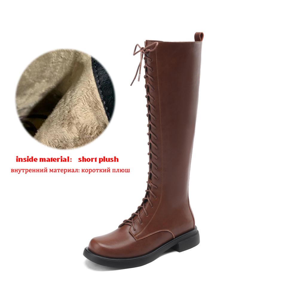 Krazing Pot Cow Split Skin Autumn Winter Shoes Concise Thick Heels Size 41 Thigh High Boots Keep Warm Round Toe Slip On Retro Knee Boots
