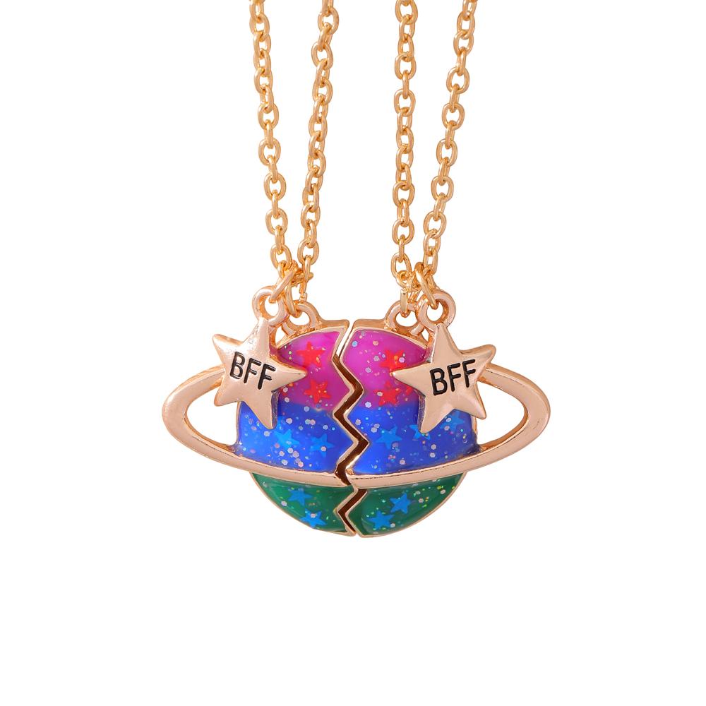 

2 Pcs Glitter Enamel BFF Charm Necklace Set Matching Earth Best Friends Pendant Chain For Girls Soul Mate Space Friendship Gift 50cm