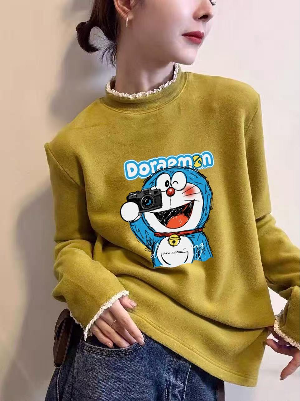

Women s Lace Collar Doraemon Print Velvet Turtleneck Long Sleeve T-shirt (Autumn/Winter) XXL жёлтый