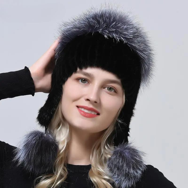 Genuine Mink Fur Hat For Women Winter Hats Wholesale 100% Real Fur Hat Women Winter Knitted Fluffy Outdoor Knitted Earflap Hat