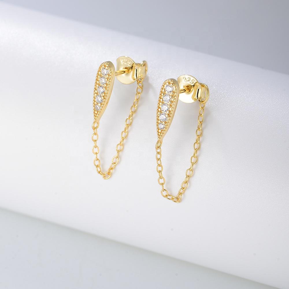 925 Sterling Silver 14k Gold Plated Stud Geometry Chain Connected Cz Fine Tassel Earrings