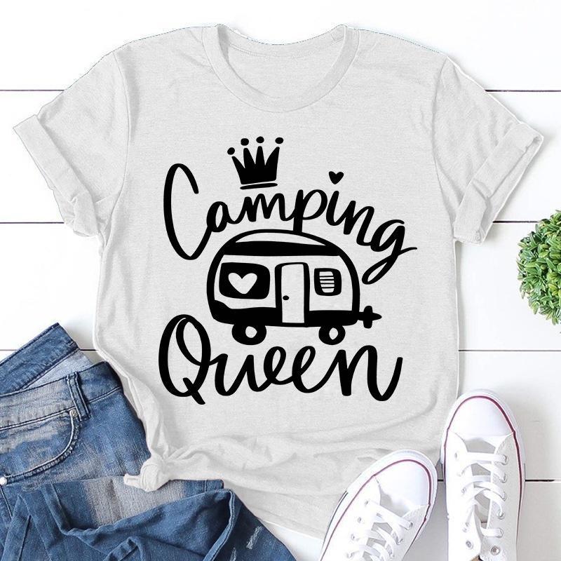 Cute Camping Queen T-shirts For Women Summer Tee Shirt Femme Casual Queen Short Sleeve Camping Round Neck Tops T-shirts