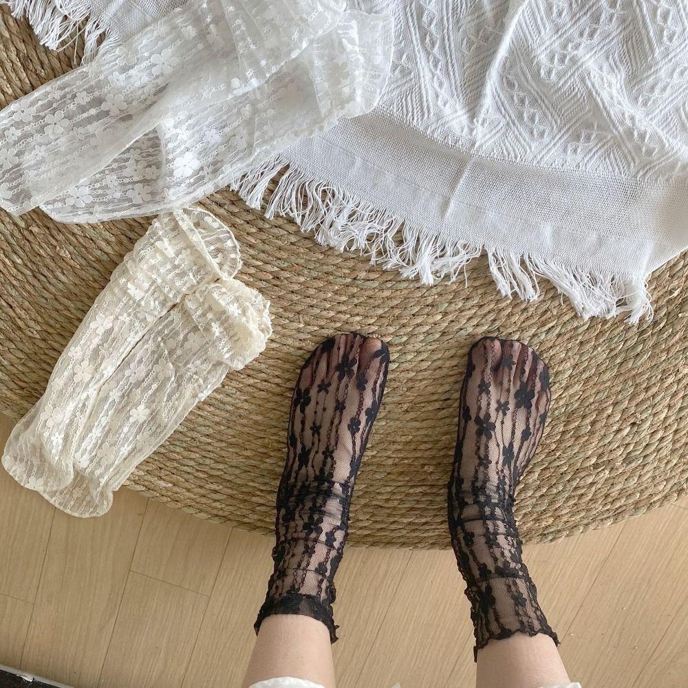 Transparent Mesh Flower Socks Thin Floral Tulle Socks Lolita Lace Sock for Women  Female