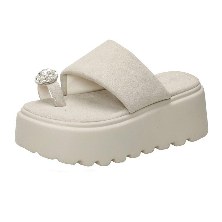 Fashion 8CM Women High Platform Slippers Summer Rhinestone Beach Flip-Flops Ladies Wedge Heels Flock Shoes Woman Outside Chunky Sandals