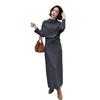 Korean Style Women's Knit Top & High Waist Skirt Set with Buttoned Waist-cinching and Loose High Neck Design