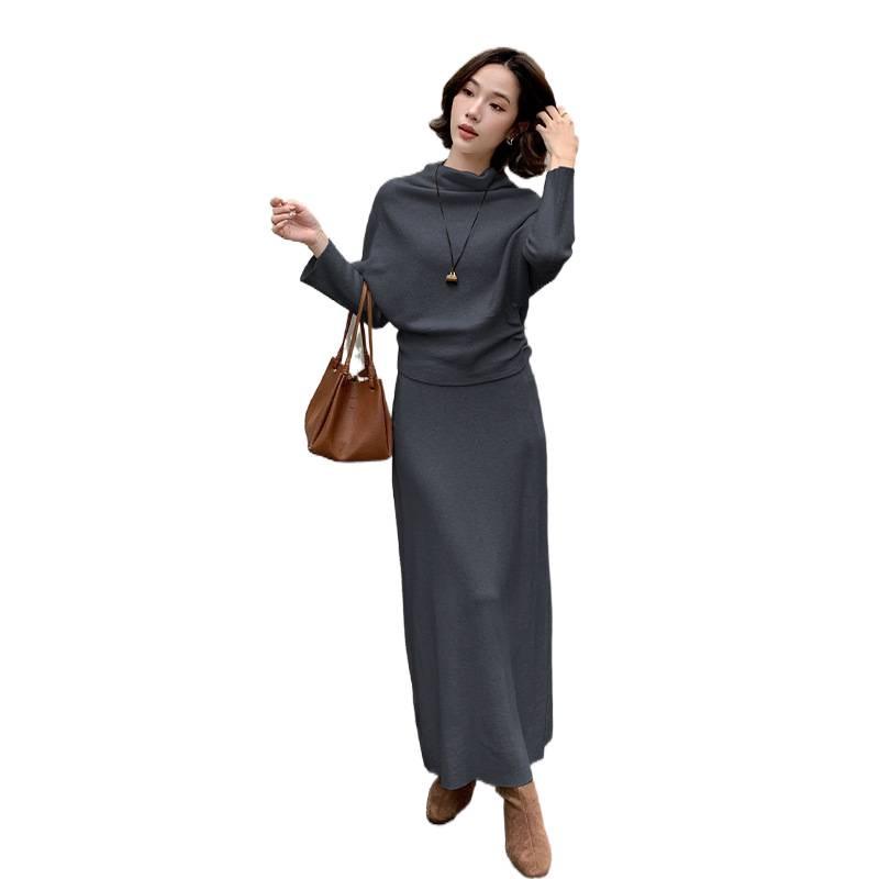 Korean Style Women's Knit Top & High Waist Skirt Set with Buttoned Waist-cinching and Loose High Neck Design