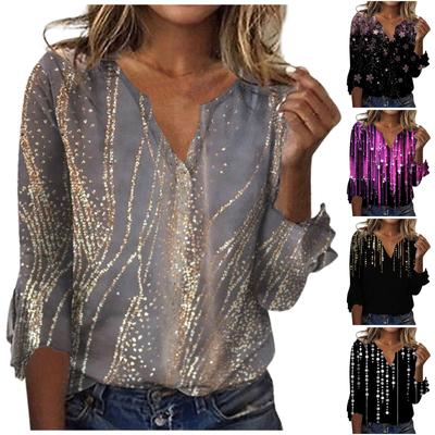 Damen Top Locker Lässig V-Ausschnitt Einfarbig Blusen Glocke 3/4 Ärmel T-Shirt